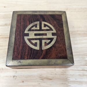 Vintage Wooden Brass Trinket Box Hinged Made In India Longevity Symbol MCM